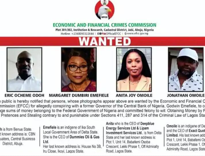 EFCC Declares Emefiele’s Wife, Three Others Wanted